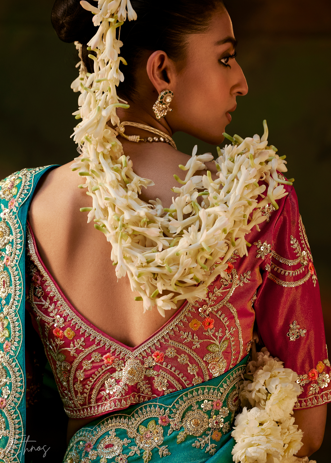 Deep Jade Tambour Embroidered Border Tissue Saree
