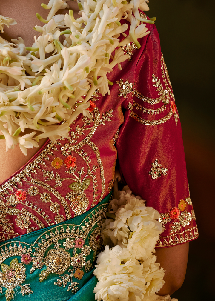 Deep Jade Tambour Embroidered Border Tissue Saree