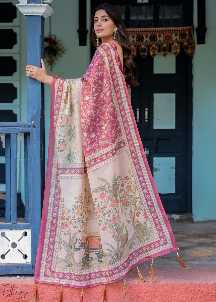 Deep Magenta Royal Heritage Cotton Linen Saree