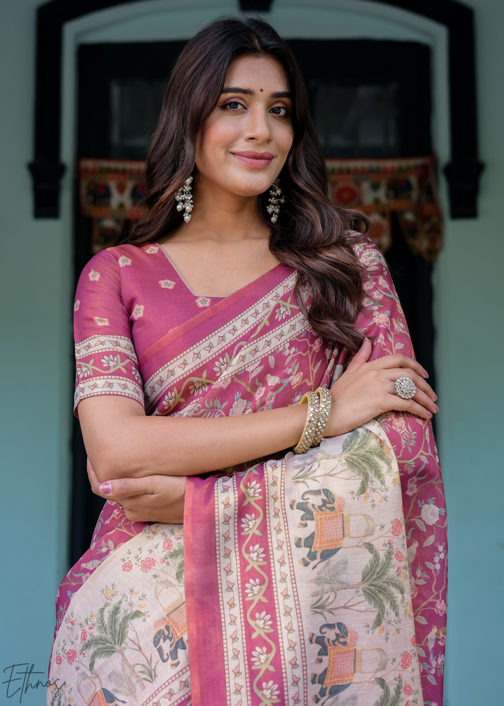 Deep Magenta Royal Heritage Cotton Linen Saree