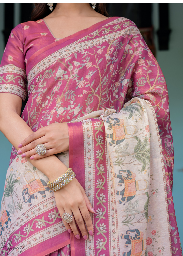 Deep Magenta Royal Heritage Cotton Linen Saree
