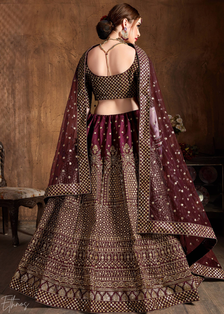 Deep Mahogany Intricate Brocade Raw Silk Lehenga Choli