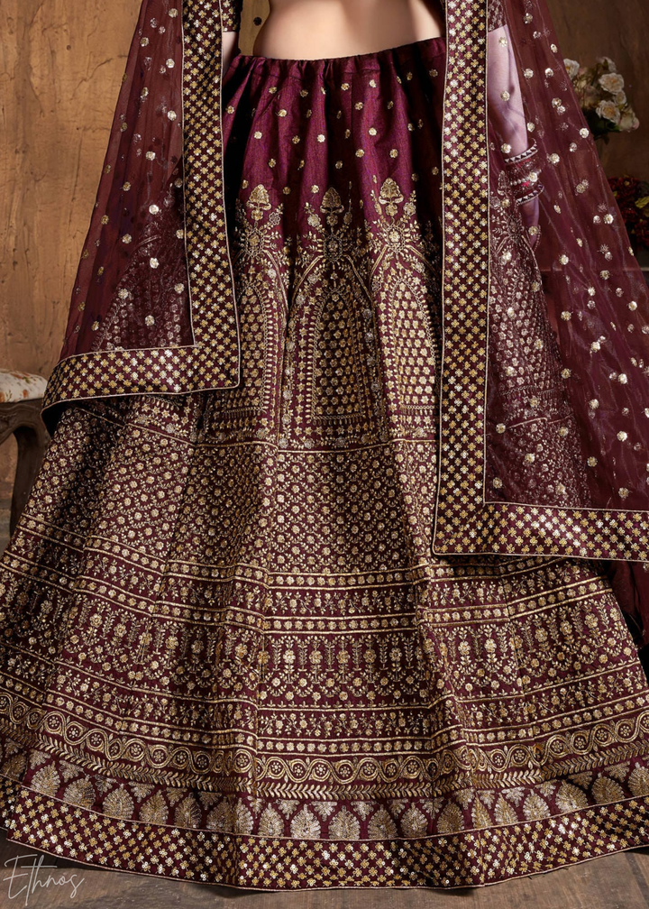 Deep Mahogany Intricate Brocade Raw Silk Lehenga Choli