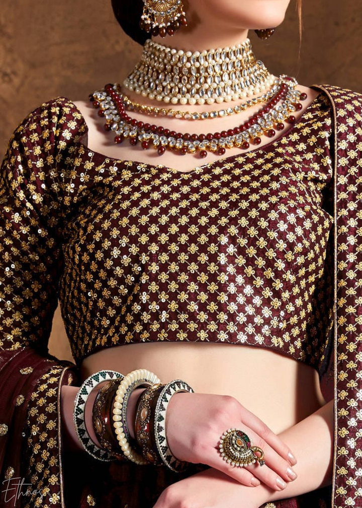 Deep Mahogany Intricate Brocade Raw Silk Lehenga Choli