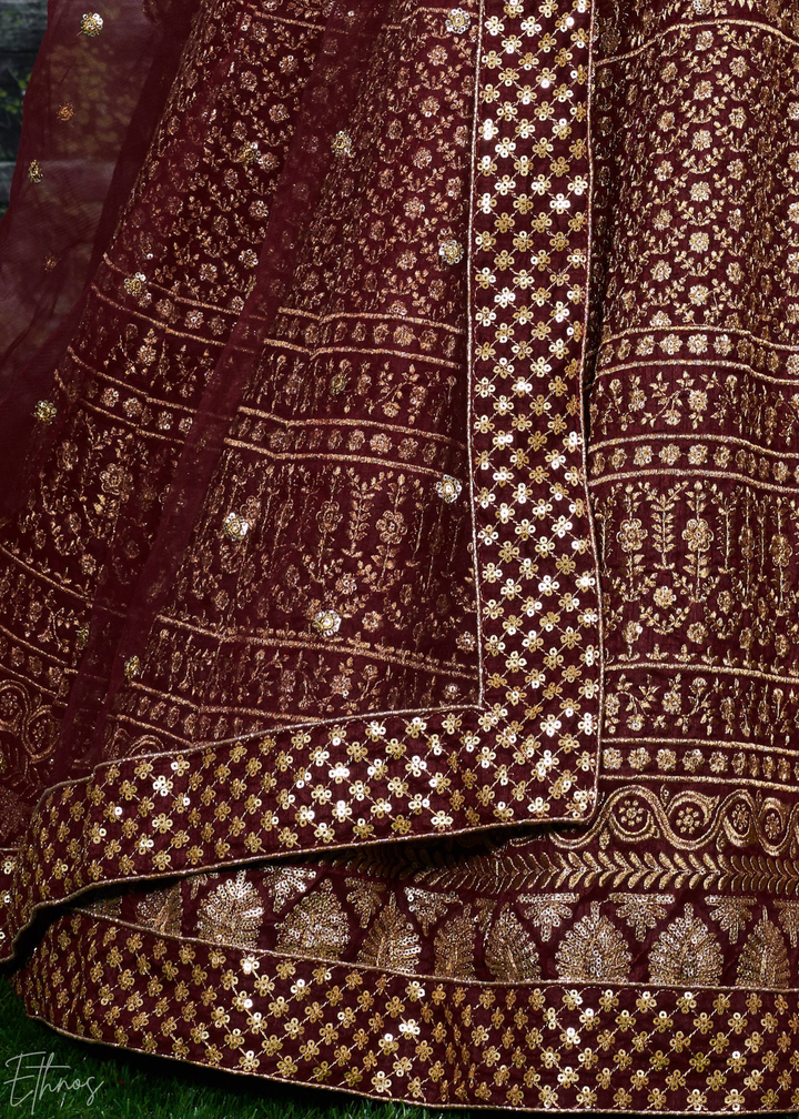 Deep Mahogany Intricate Brocade Raw Silk Lehenga Choli