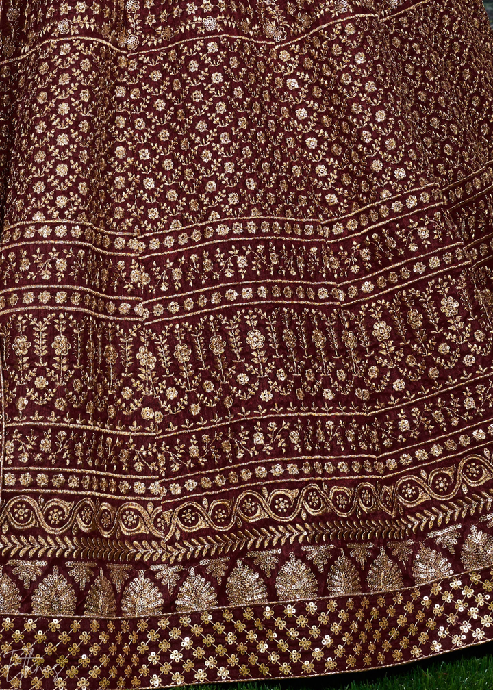Deep Mahogany Intricate Brocade Raw Silk Lehenga Choli