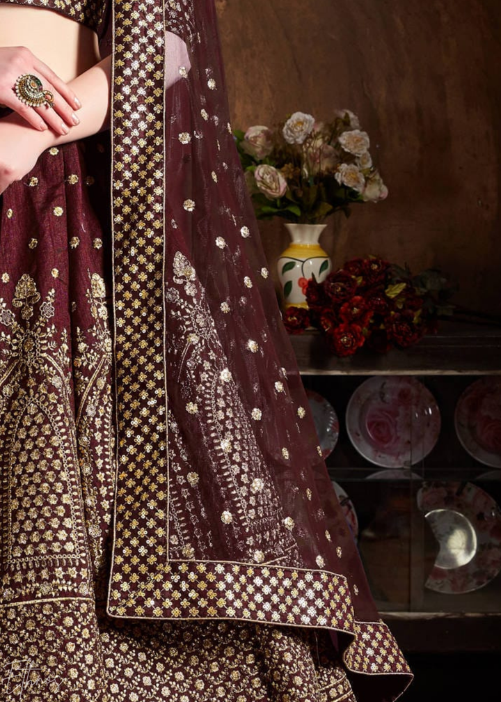 Deep Mahogany Intricate Brocade Raw Silk Lehenga Choli