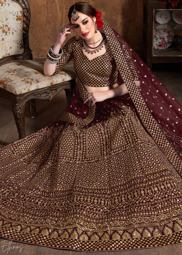 Deep Mahogany Intricate Brocade Raw Silk Lehenga Choli