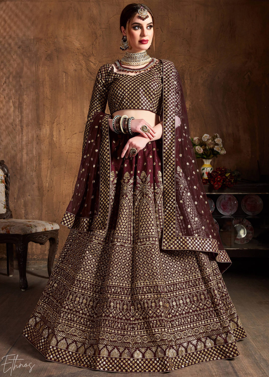 Deep Mahogany Intricate Brocade Raw Silk Lehenga Choli