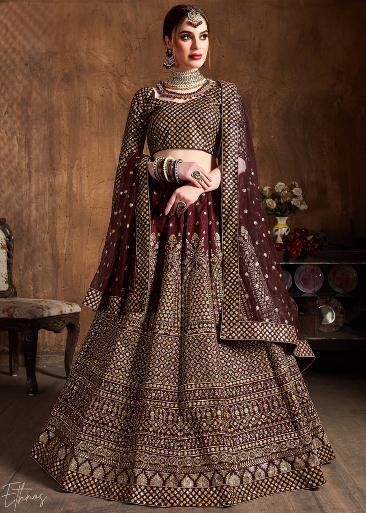 Deep Mahogany Intricate Brocade Raw Silk Lehenga Choli