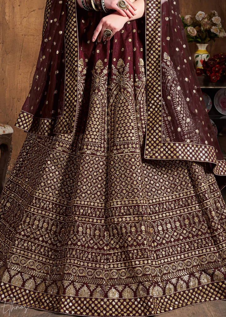 Deep Mahogany Intricate Brocade Raw Silk Lehenga Choli