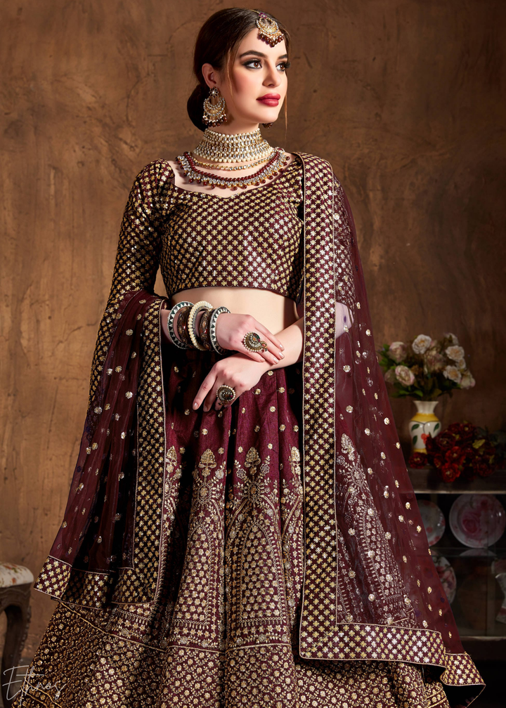 Deep Mahogany Intricate Brocade Raw Silk Lehenga Choli