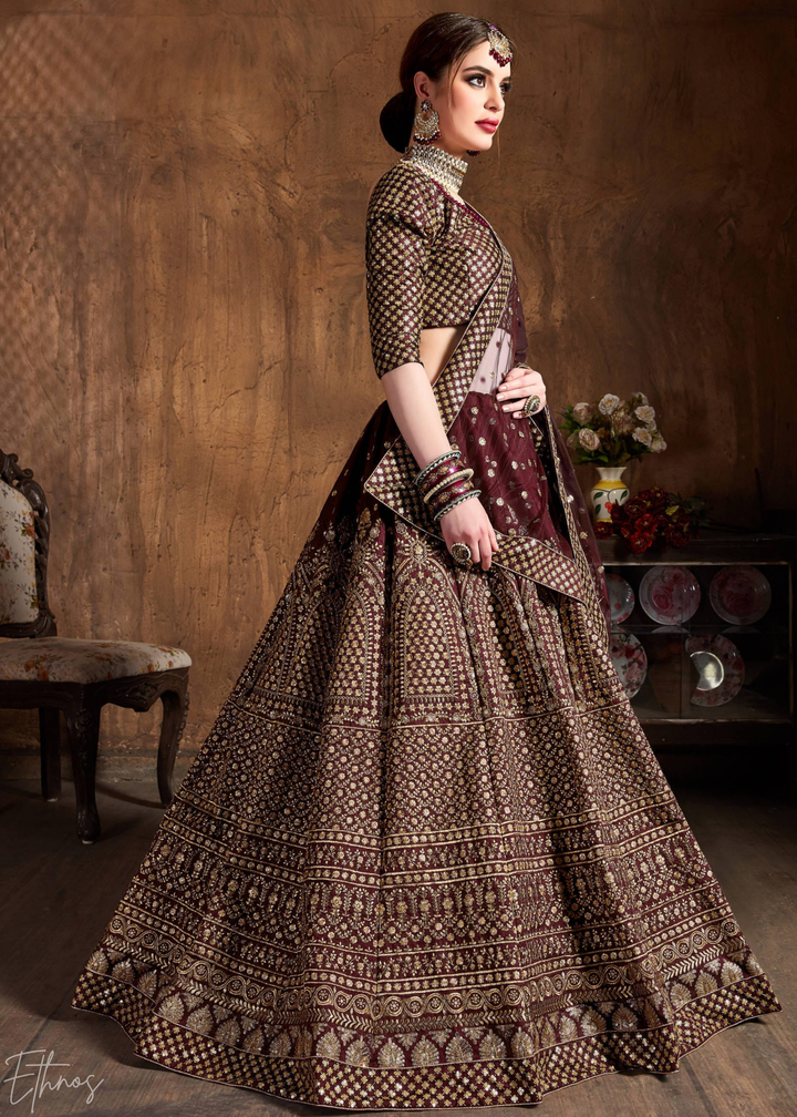 Deep Mahogany Intricate Brocade Raw Silk Lehenga Choli