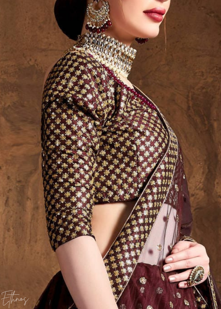 Deep Mahogany Intricate Brocade Raw Silk Lehenga Choli