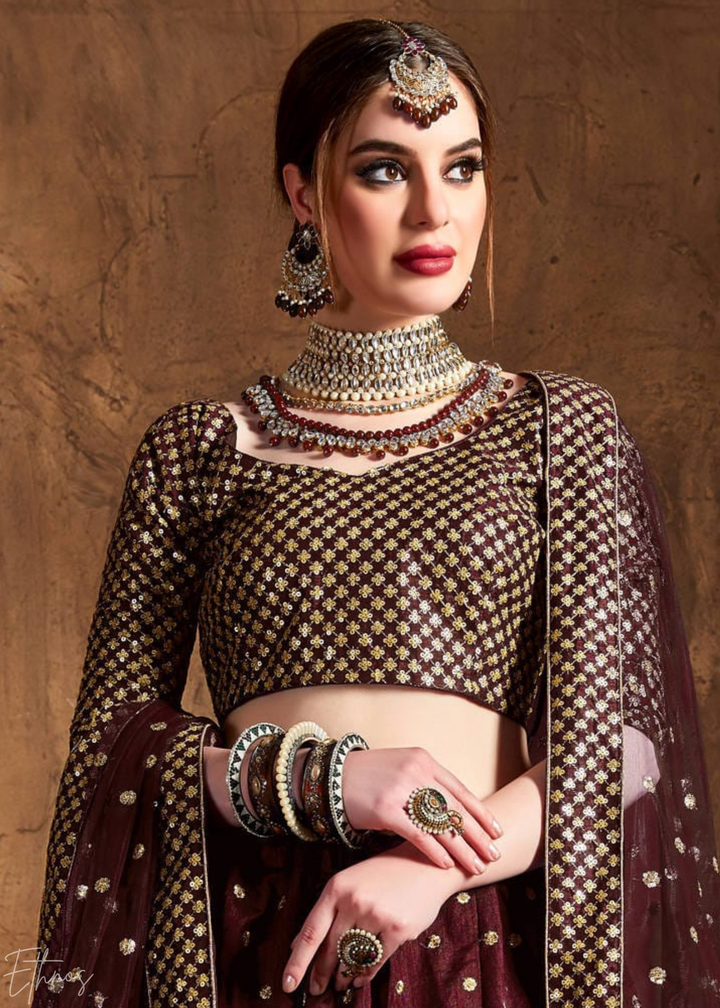 Deep Mahogany Intricate Brocade Raw Silk Lehenga Choli