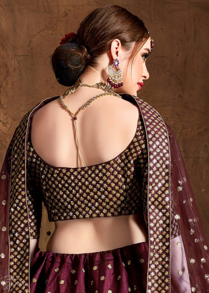 Deep Mahogany Intricate Brocade Raw Silk Lehenga Choli