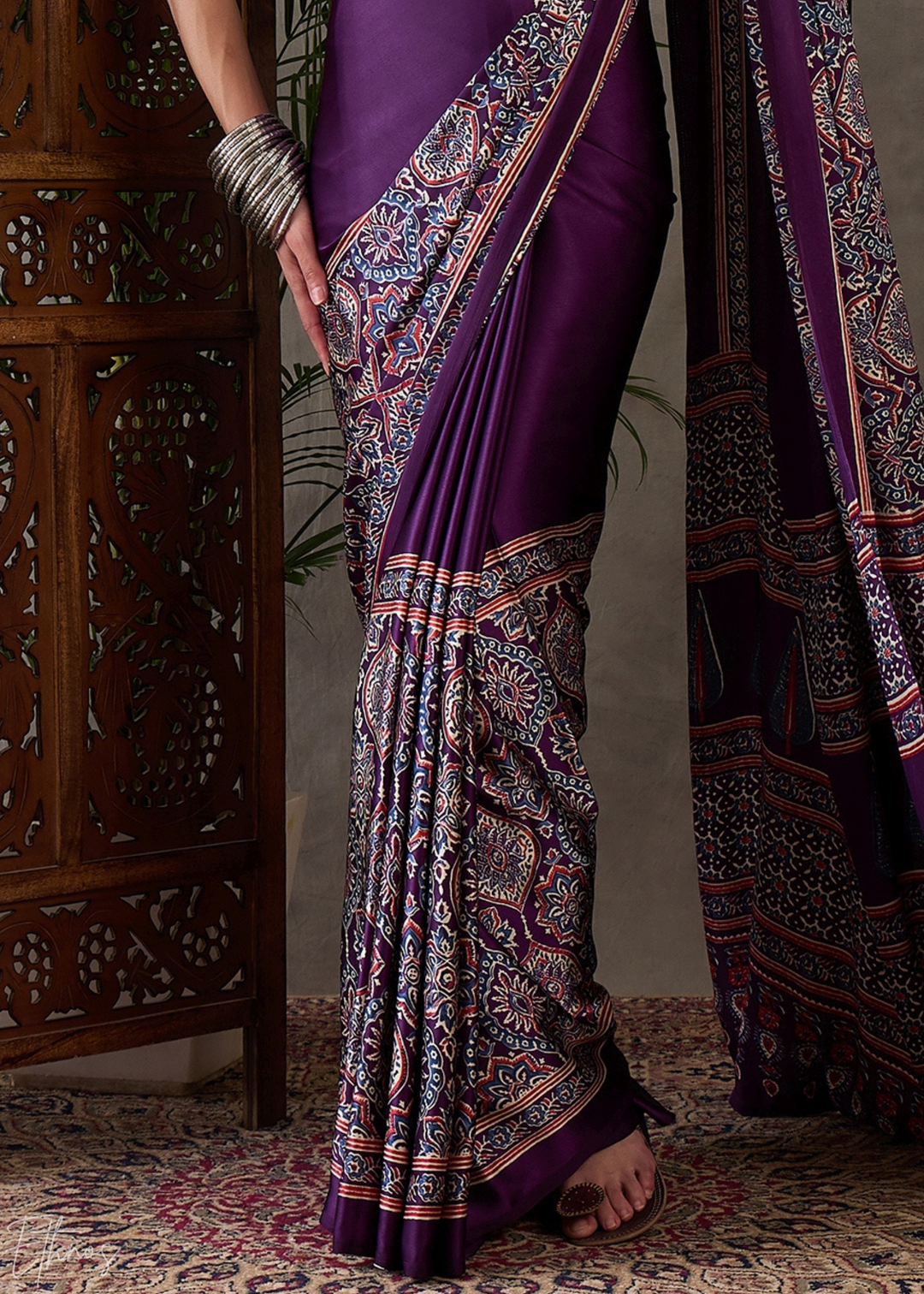 Deep Malachite Mandala Print Satin Silk Saree