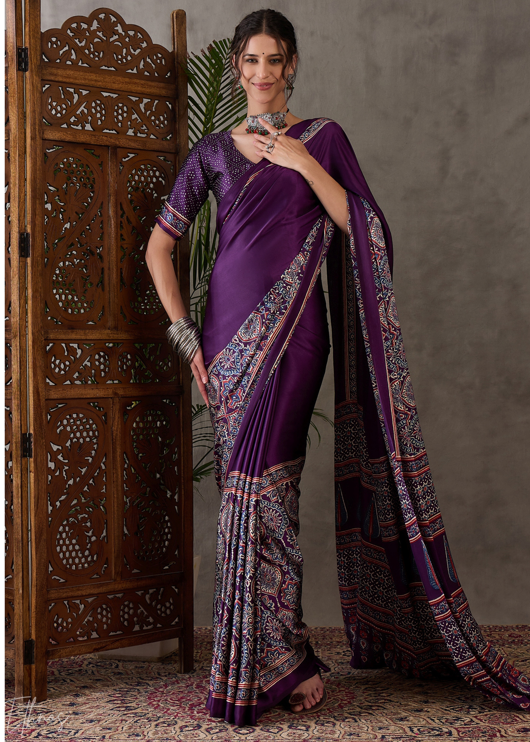 Deep Malachite Mandala Print Satin Silk Saree
