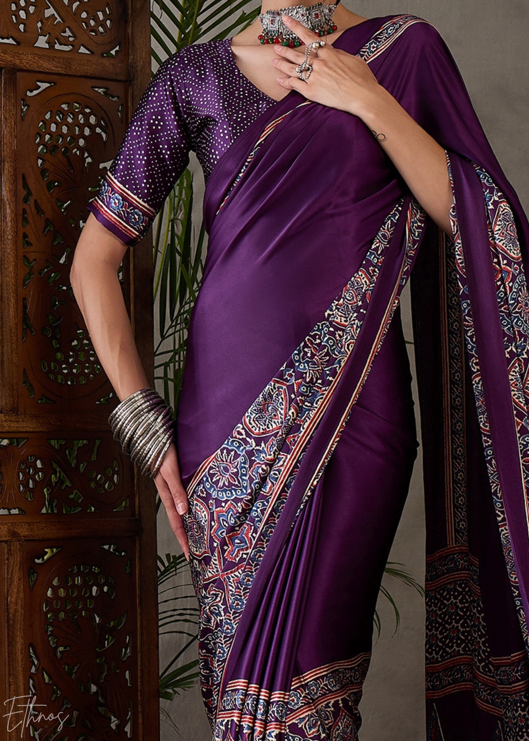 Deep Malachite Mandala Print Satin Silk Saree