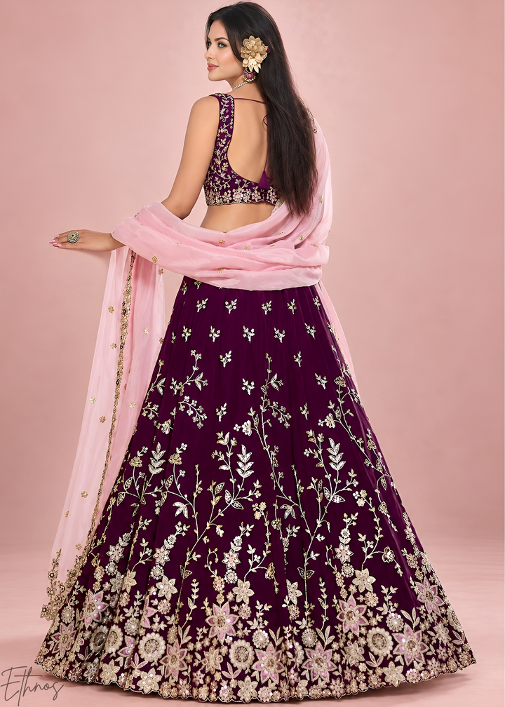 Deep Maroon Foliage Medallion Rangoli Silk Lehenga Choli