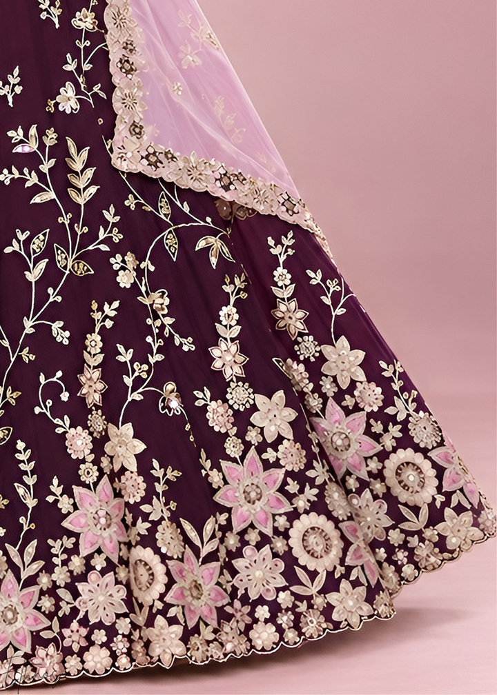 Deep Maroon Foliage Medallion Rangoli Silk Lehenga Choli
