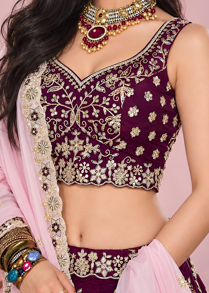 Deep Maroon Foliage Medallion Rangoli Silk Lehenga Choli