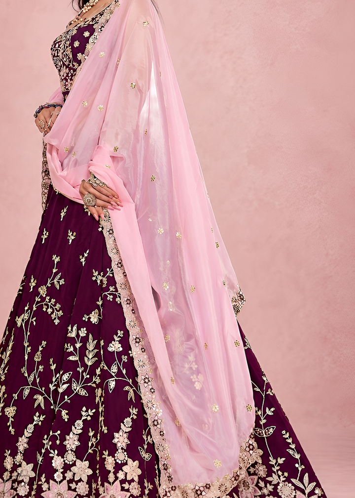 Deep Maroon Foliage Medallion Rangoli Silk Lehenga Choli
