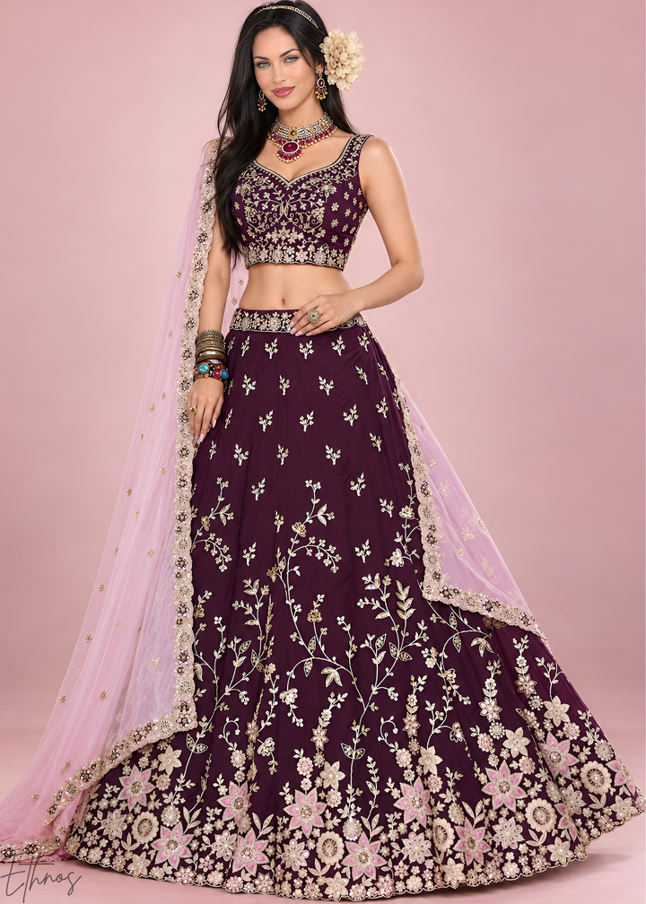 Deep Maroon Foliage Medallion Rangoli Silk Lehenga Choli