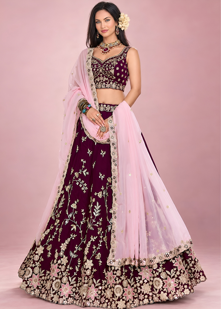 Deep Maroon Foliage Medallion Rangoli Silk Lehenga Choli