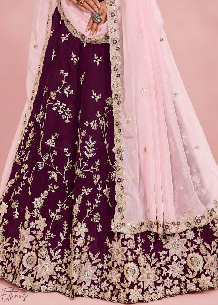 Deep Maroon Foliage Medallion Rangoli Silk Lehenga Choli
