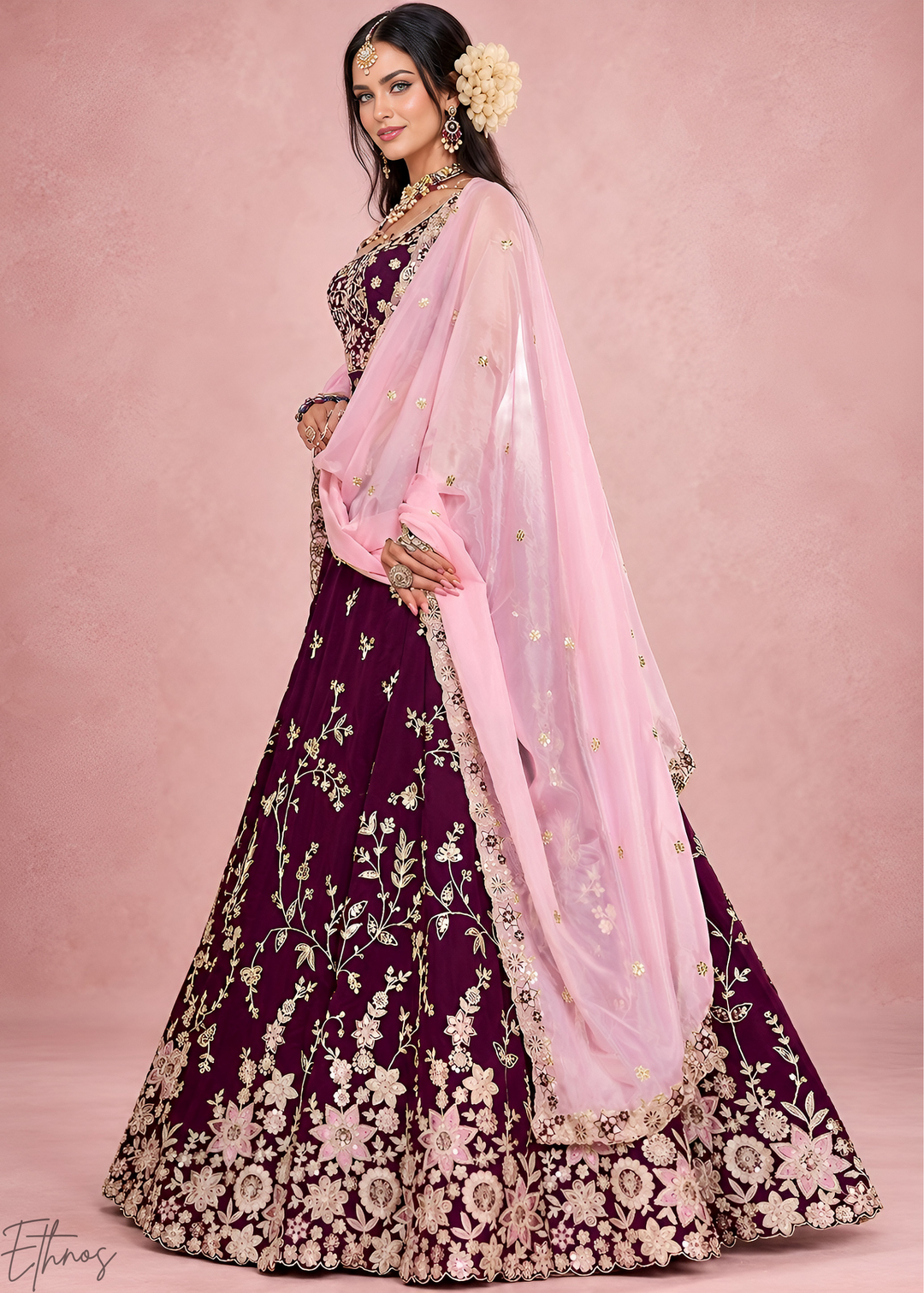 Deep Maroon Foliage Medallion Rangoli Silk Lehenga Choli