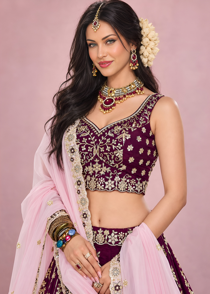 Deep Maroon Foliage Medallion Rangoli Silk Lehenga Choli