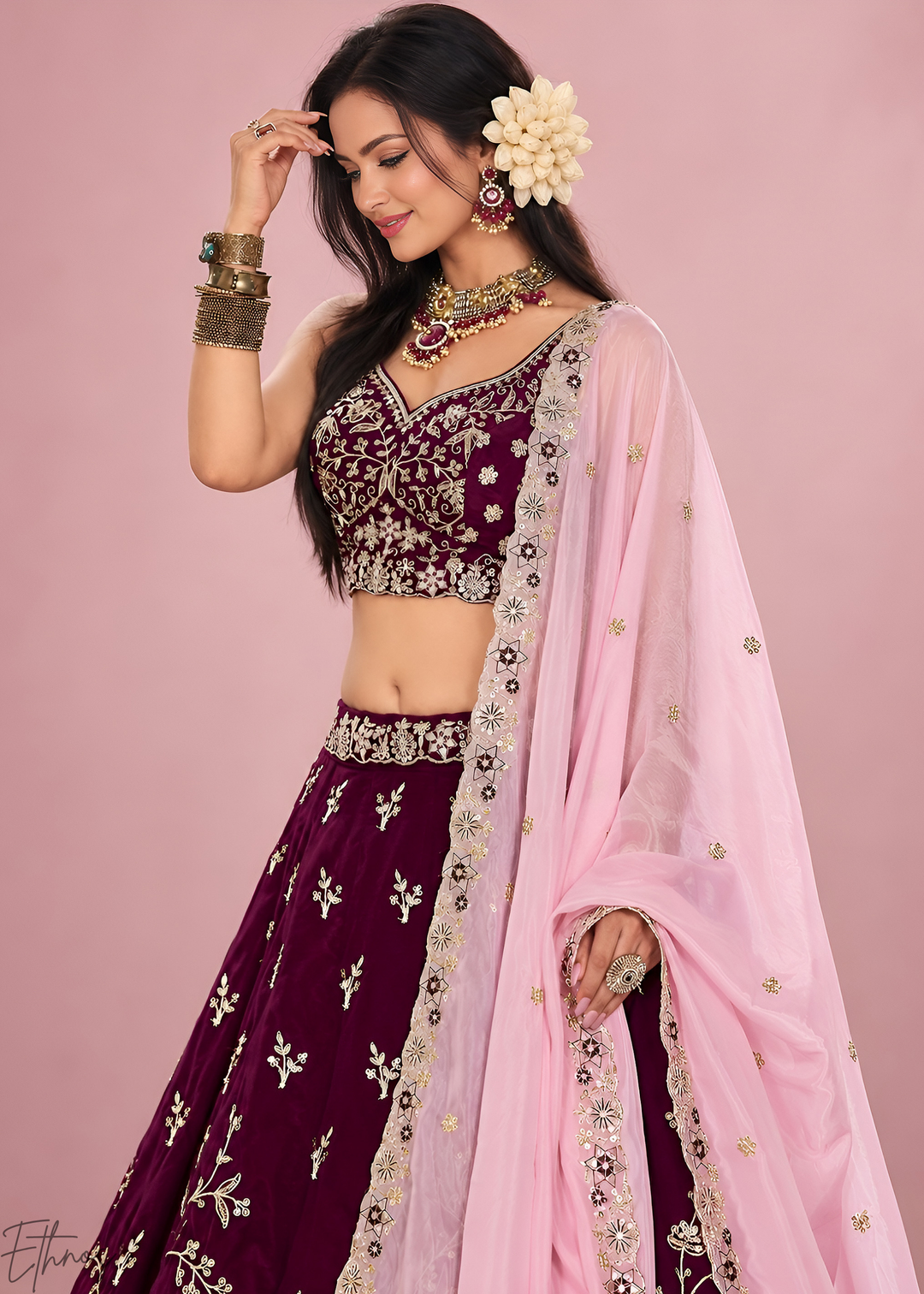 Deep Maroon Foliage Medallion Rangoli Silk Lehenga Choli