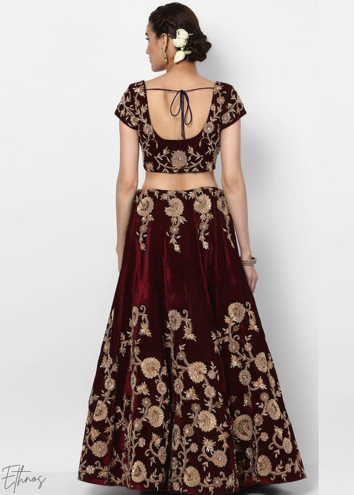 Deep Maroon Heavy Floral Embroidered Velvet Lehenga