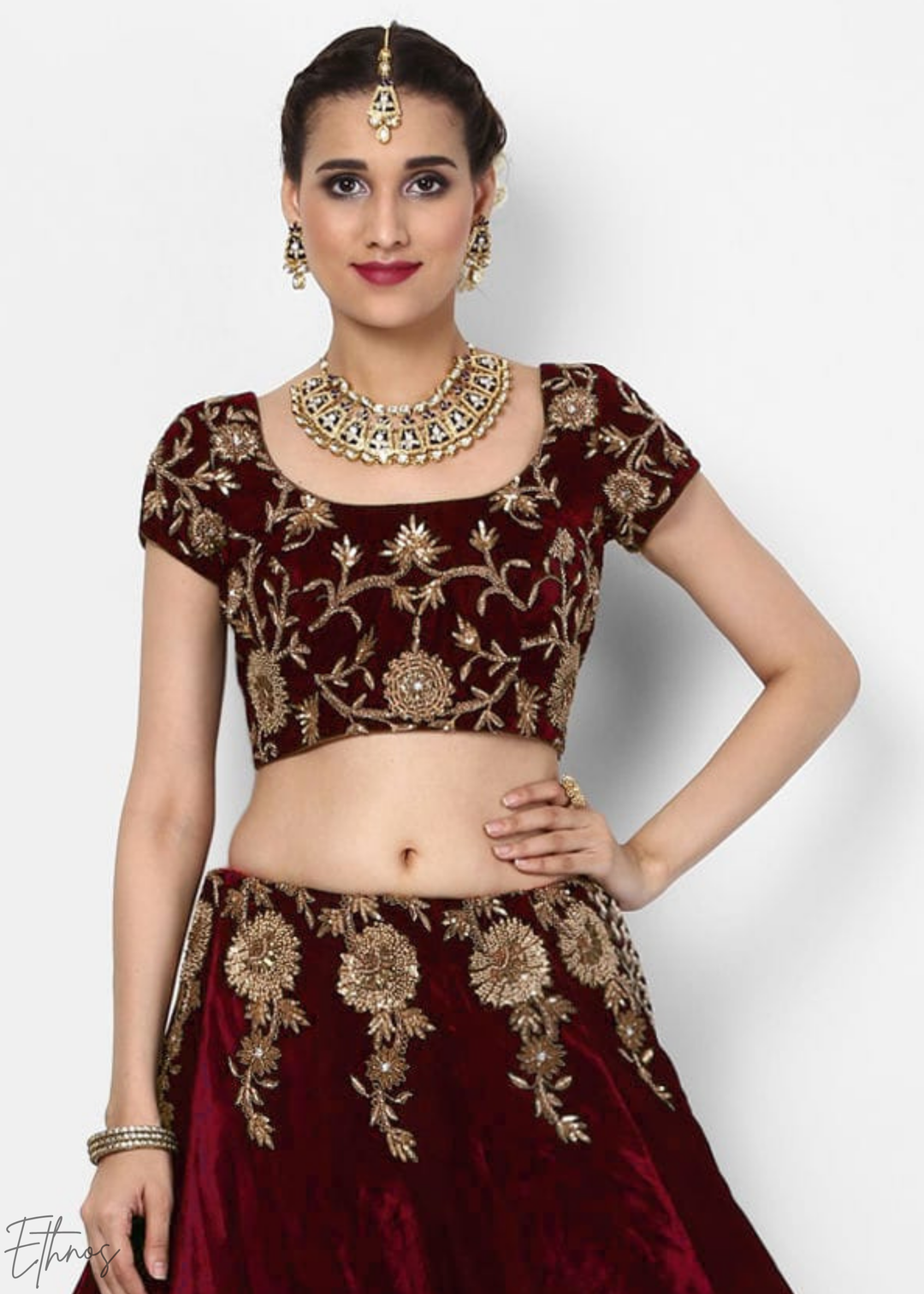 Deep Maroon Heavy Floral Embroidered Velvet Lehenga