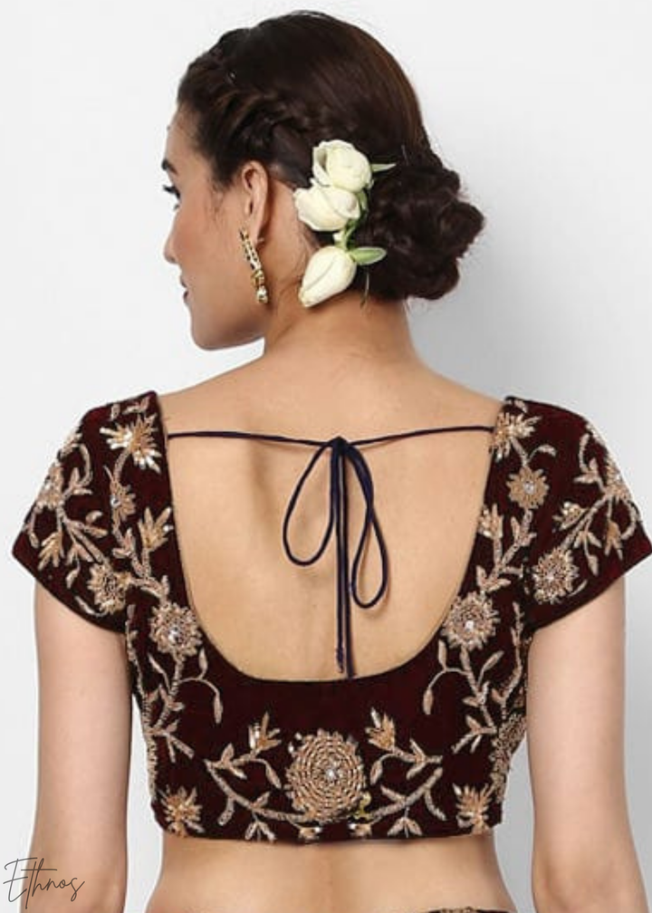 Deep Maroon Heavy Floral Embroidered Velvet Lehenga