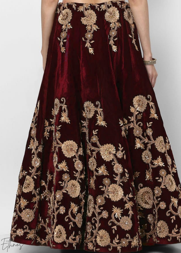 Deep Maroon Heavy Floral Embroidered Velvet Lehenga