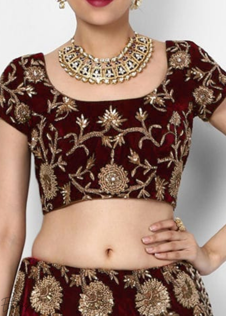 Deep Maroon Heavy Floral Embroidered Velvet Lehenga