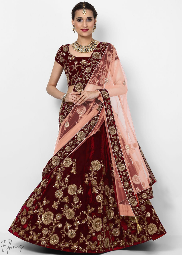 Deep Maroon Heavy Floral Embroidered Velvet Lehenga