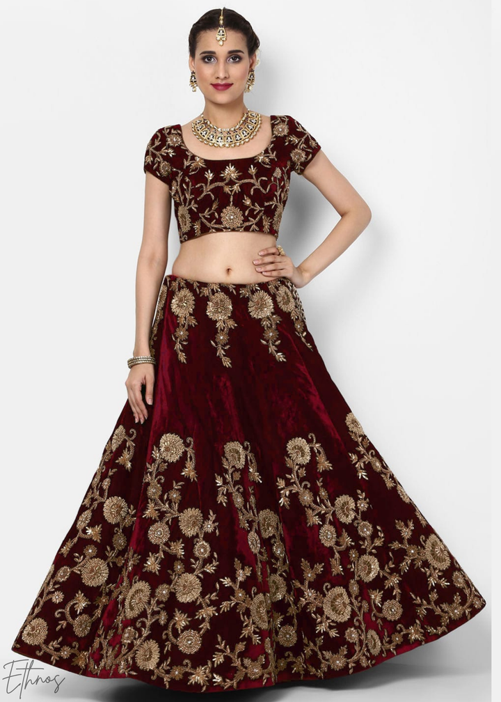 Deep Maroon Heavy Floral Embroidered Velvet Lehenga