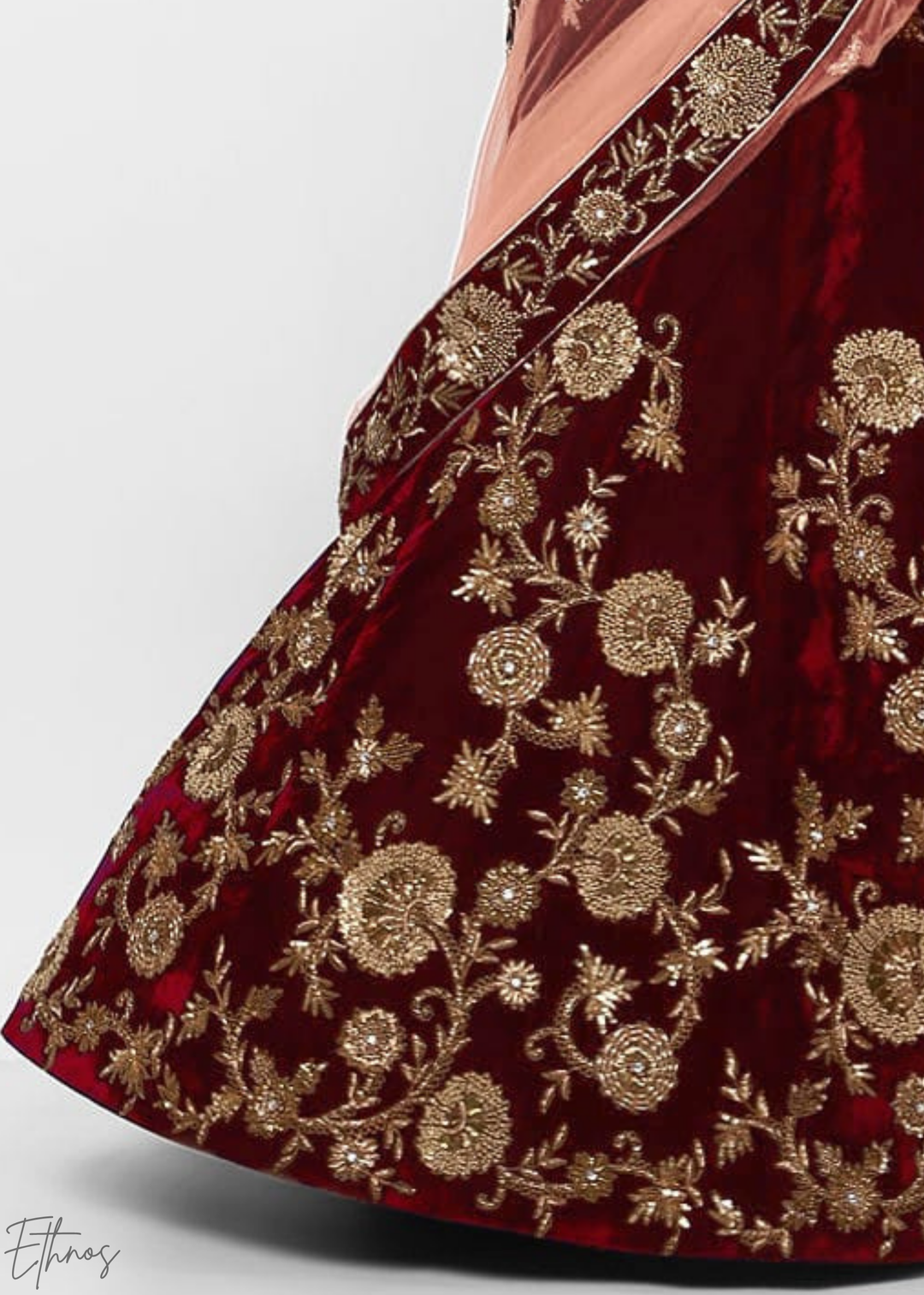 Deep Maroon Heavy Floral Embroidered Velvet Lehenga