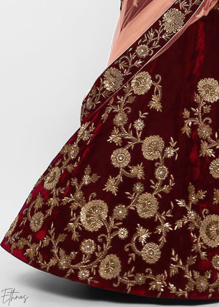 Deep Maroon Heavy Floral Embroidered Velvet Lehenga