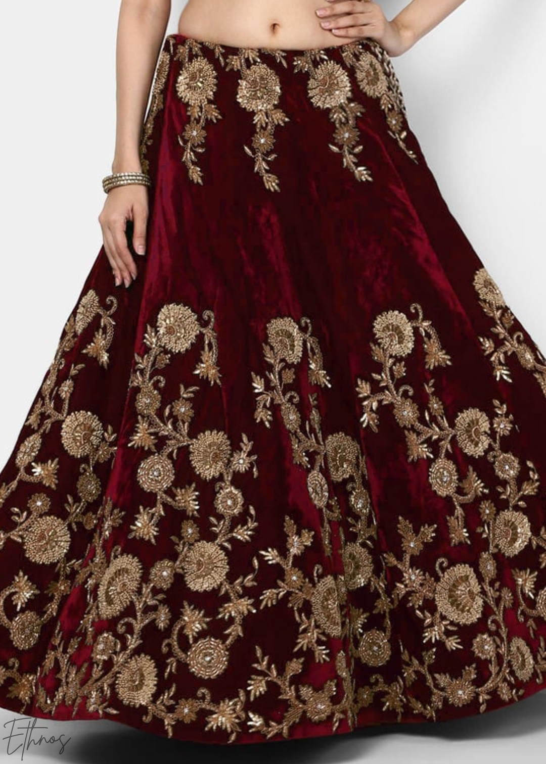 Deep Maroon Heavy Floral Embroidered Velvet Lehenga