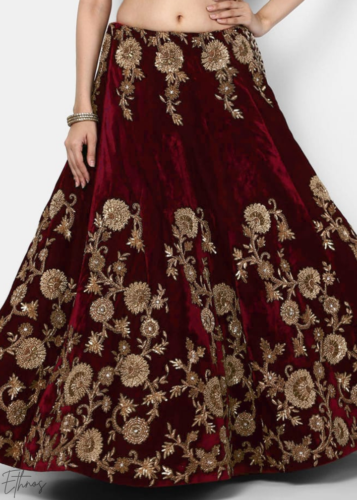 Deep Maroon Heavy Floral Embroidered Velvet Lehenga