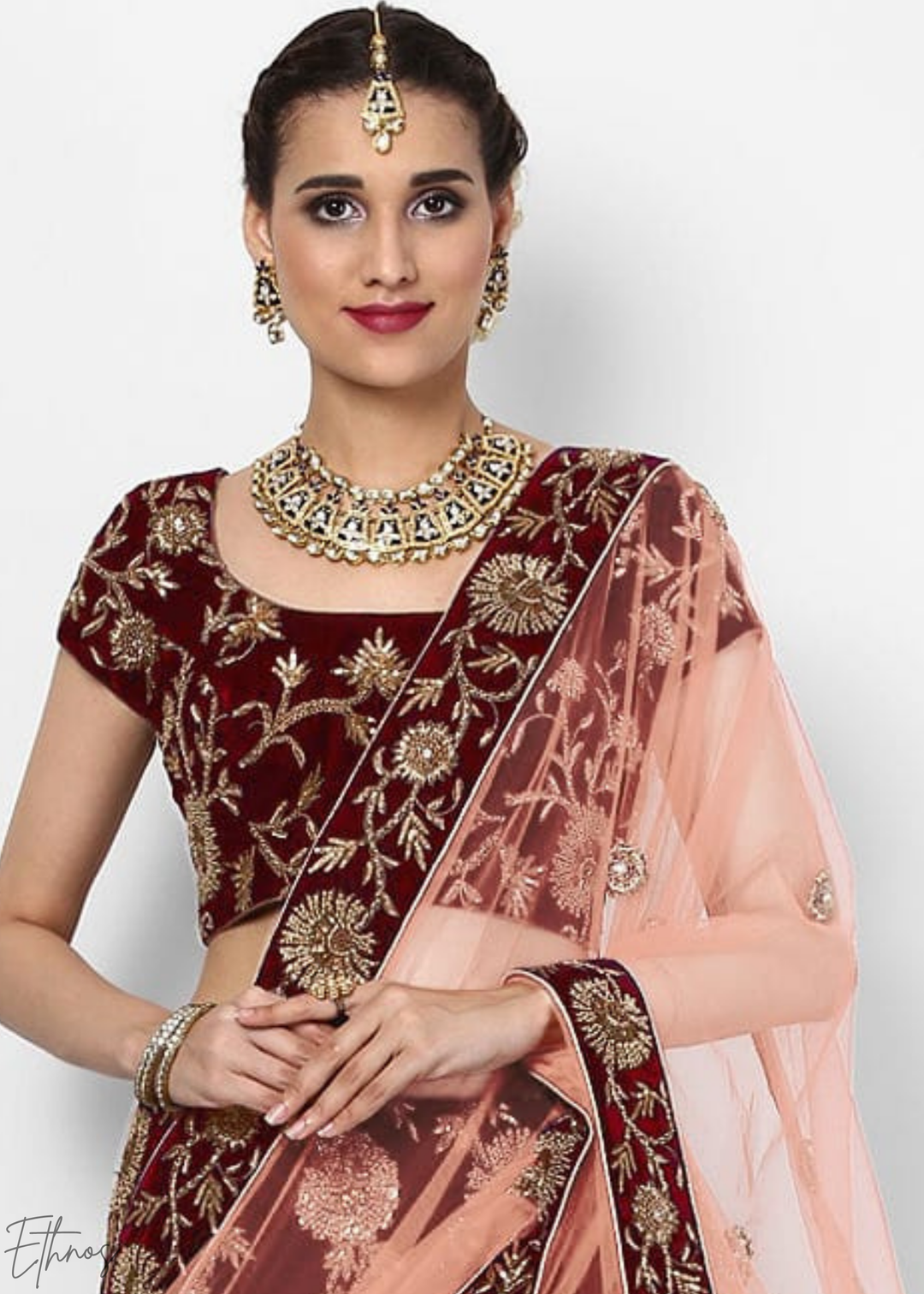 Deep Maroon Heavy Floral Embroidered Velvet Lehenga