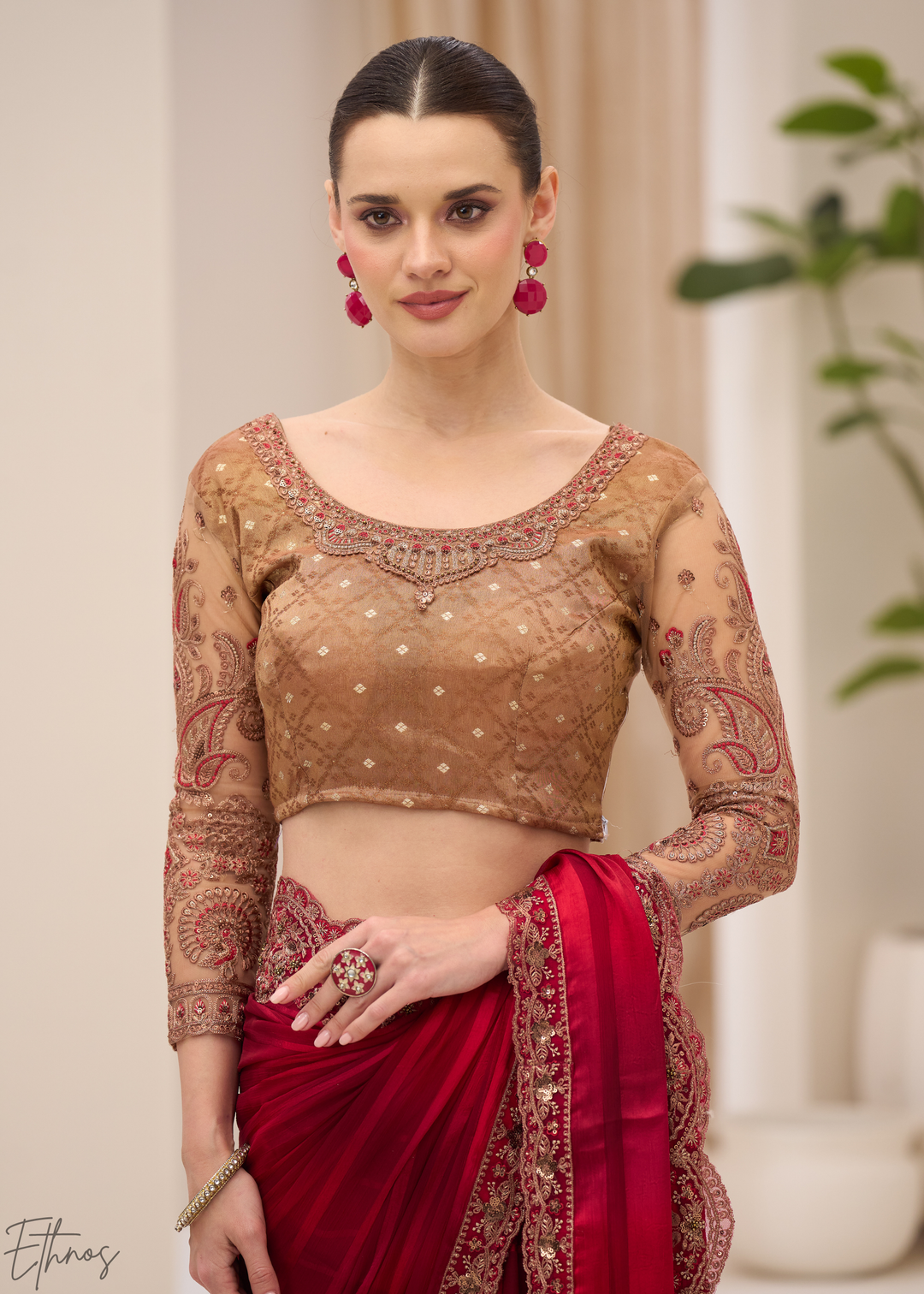 Deep Maroon Textured Satin Georgette Saree