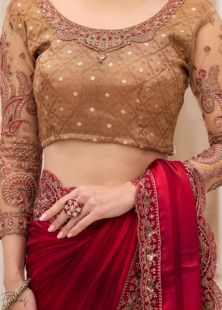 Deep Maroon Textured Satin Georgette Saree
