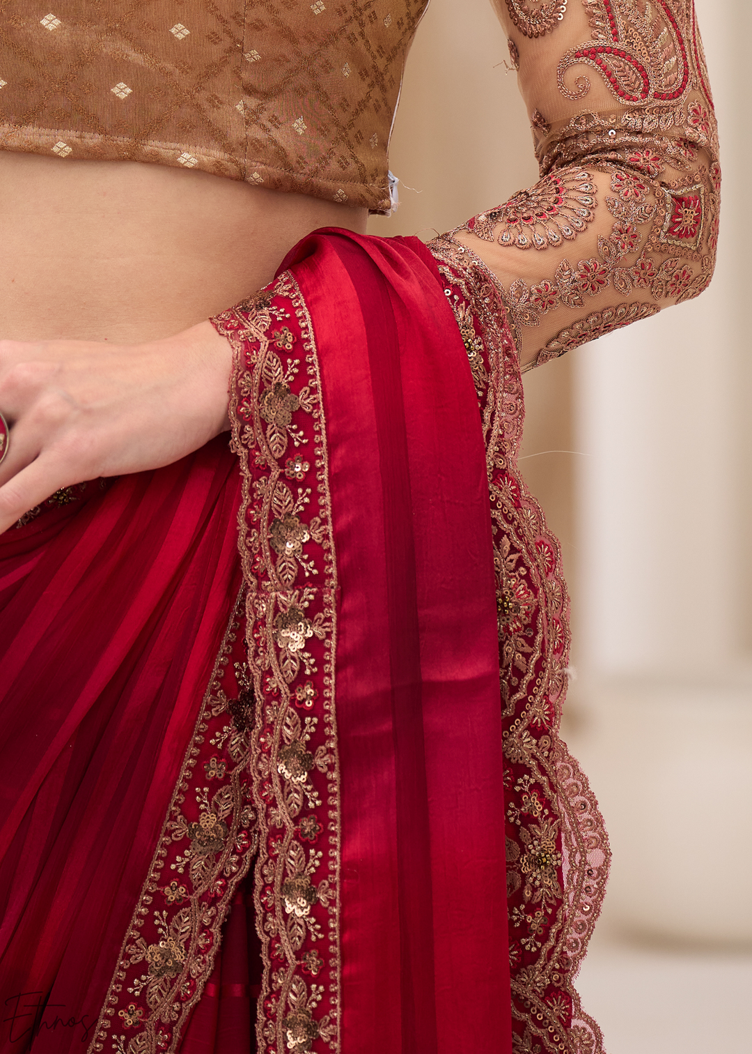 Deep Maroon Textured Satin Georgette Saree