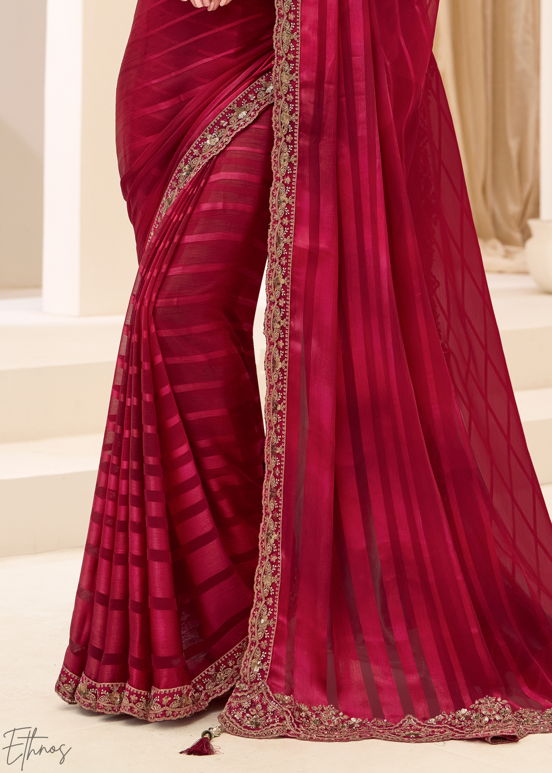 Deep Maroon Textured Satin Georgette Saree