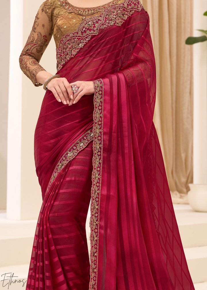 Deep Maroon Textured Satin Georgette Saree